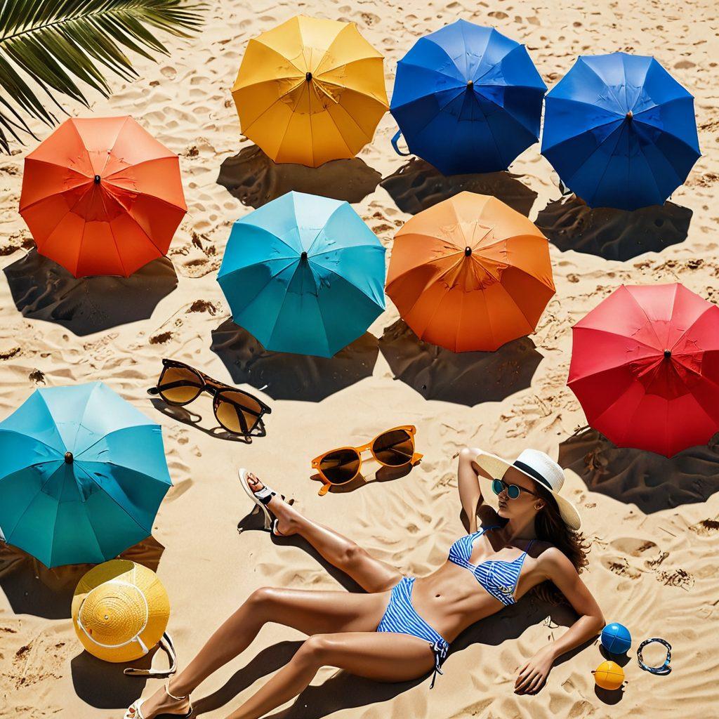 A stylish beach scene featuring an array of trendy swimwear on colorful beach umbrellas, surrounded by sun-kissed sand and crystal clear waves. Showcase diverse models of different body types confidently flaunting their swimwear, with vibrant summer accessories like sunglasses and hats. Add whimsical tropical elements like palm trees and beach balls to enhance the fun vibe. vibrant colors. super-realistic. high detail.